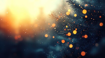 Poster - Christmas tree with soft focus and bokeh lights creating a warm festive atmosphere during holiday season at sunset background