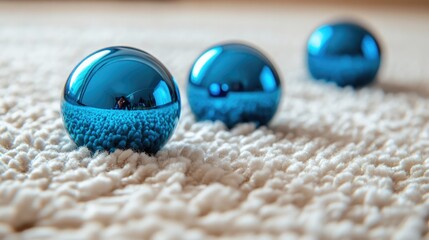 Aufkleber - Blue glass Christmas ornaments resting on a soft carpet creating an elegant holiday decor scene with subtle reflections and light background.