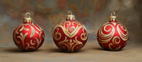 Poster - Elegant red and gold Christmas ornaments with intricate designs on a soft blurred background