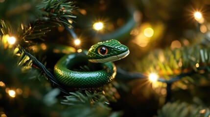 Poster - Green snake ornament on Christmas tree surrounded by garland lights and festive decorations creating a magical holiday atmosphere.