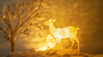 Aufkleber - Luminous Christmas deer decoration under a tree with warm lighting and copy space for holiday decor displays and invitations