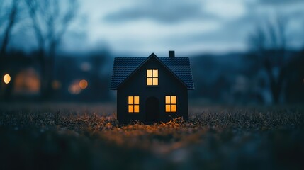 Poster - concept image of a cozy illuminated house at dusk surrounded by nature for home design and real estate themes