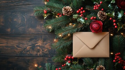 Poster - Christmas tree branches with flowers and an envelope surrounded by pinecones on a rustic wooden background in festive arrangement