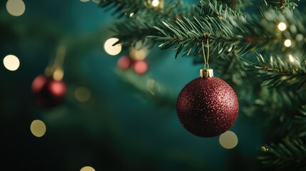 Poster - Festive Christmas tree branches adorned with sparkling ornaments and soft glowing lights for a warm holiday atmosphere