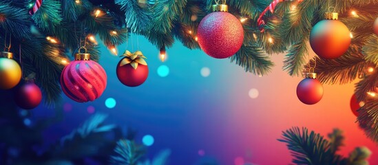 Poster - Vivid close-up of Christmas ornaments and garland adorned with lights against a colorful festive background.