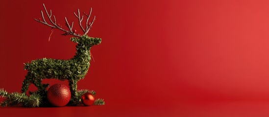 Aufkleber - Christmas reindeer made of fir branches with ornaments on vibrant red background showcasing minimalist holiday decor concept