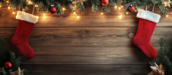 Poster - Festive wooden backdrop adorned with red Christmas stockings and sparkling lights surrounded by evergreen branches and ornaments