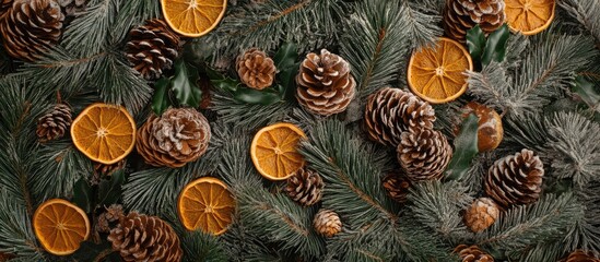 Aufkleber - Handmade Christmas New Year decorations flatlay featuring pine cones dried oranges and branches creating a festive overhead view