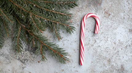 Poster - Christmas tree fir branches with a candy cane on a light textured background top view flat lay for holiday celebrations and decorations