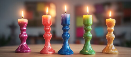 Poster - Vibrant Christmas candlesticks in various colors illuminated on a wooden table creating a festive atmosphere for the holiday season