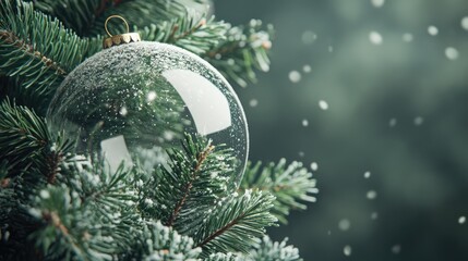 Poster - Christmas tree branches adorned with a sparkling snow globe in a winter wonderland setting with softly falling snowflakes