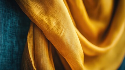 Leinwandbilder - Elegant draped golden fabric showcasing texture and richness against a contrasting blue background for textile and fashion design aesthetics