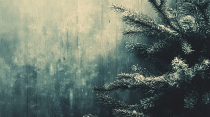 Poster - Vintage Christmas tree branches against a rustic wooden backdrop with a faintly toned background for a festive atmosphere