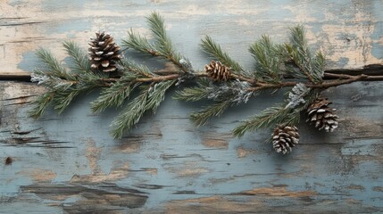 Poster - Christmas decorations with pine branches and cones on rustic wooden background festive holiday vibe