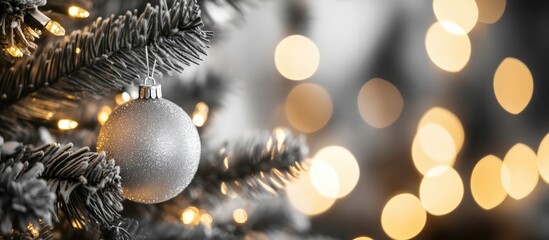 Poster - Nostalgic black and white Christmas tree lights decoration with warm bokeh creating a cozy home interior atmosphere during the festive season