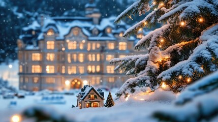 Poster - Christmas decorations on a snowy fir tree with a luxury hotel apartment in the background creating a festive holiday atmosphere