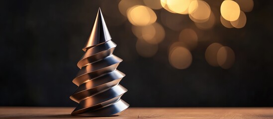 Poster - Modern metallic Christmas tree centerpiece with bokeh lights on wooden table creating a festive and elegant holiday atmosphere