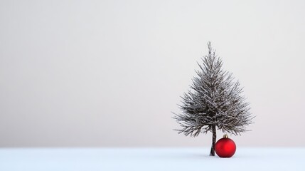 Aufkleber - Minimalist Christmas tree with red ornament on white backdrop featuring selective focus for a festive and serene atmosphere