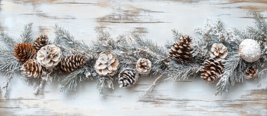Poster - Rustic Christmas backdrop adorned with frosted fir branches pine cones and decorative ornaments ideal for holiday-themed designs