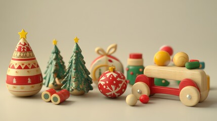 Aufkleber - Colorful wooden Christmas toys arranged artistically on a light background showcasing festive decorations and holiday spirit.