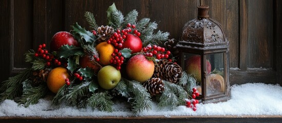 Aufkleber - Christmas lantern adorned with vibrant fruit berries apples and fir branches set against a snowy backdrop for a festive holiday atmosphere