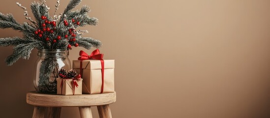 Poster - Christmas gifts on a wooden stool with festive greenery in a jar against a beige background creating a cozy holiday atmosphere
