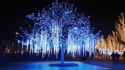 Poster - Magical illuminated tree with blue lights and cascading icicle decorations creating a festive atmosphere during the holiday season