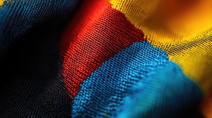 Fototapete - Closeup of colorful woven fabric threads showcasing intricate textures and vibrant hues symbolizing creativity and social connection