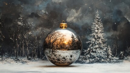 Poster - Reflective Christmas tree ornament showcasing a winter landscape with a serene snowy backdrop and a glowing sunset in the reflection