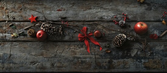 Poster - Traditional Christmas decorations with apples stars pine cones and red ribbon arranged on a rustic wooden table for a festive atmosphere