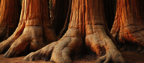 Aufkleber - Close up of the impressive trunks and bark textures of a majestic grove of giant sequoia trees in natural sunlight