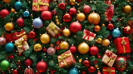 Aufkleber - Festive Christmas tree adorned with colorful ornaments and beautifully wrapped gifts creating a cheerful holiday atmosphere in a cozy living room
