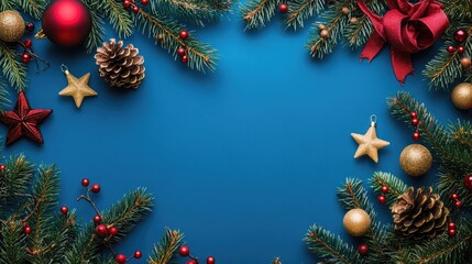 Aufkleber - Christmas tree branches with festive decorations and ornaments on a blue background for holiday celebration and seasonal design themes