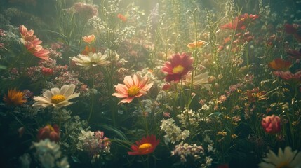 Aufkleber - Closeup of vibrant wildflowers in soft vintage colors illuminated by gentle sunlight in a dreamy garden setting.