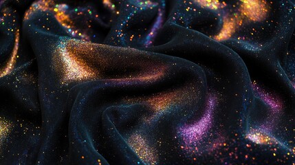 Poster - Elegant shimmering fabric texture with vibrant color sparkles on deep black background suitable for fashion and design concepts.