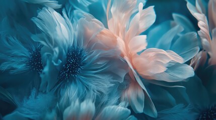 Aufkleber - Surreal close-up of delicate plume flowers in soft blue and peach hues creating a serene floral composition with artistic depth.