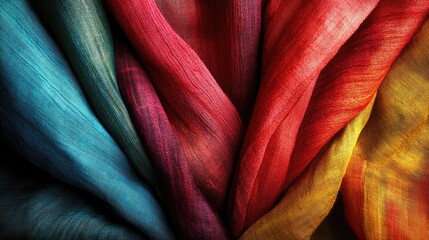 Poster - Vibrant colorful fabric texture showcasing smooth draped material in red blue and yellow hues ideal for backgrounds and design applications