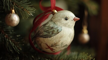 Aufkleber - Handcrafted Christmas bird ornament hanging on a decorated tree branch with soft focus on shiny baubles in the background