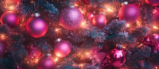 Aufkleber - Decorative close up of pink ornaments and glowing lights on a Christmas tree creating a festive atmosphere for holiday celebrations.