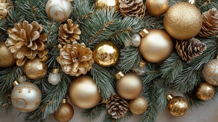 Aufkleber - Christmas tree backdrop featuring golden ornaments and pinecones adorned with lush evergreen branches