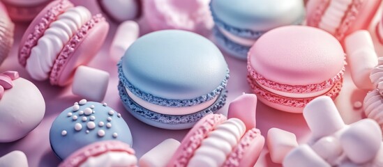 Wall Mural - Colorful assortment of macaroons marshmallows and zephyrs showcasing traditional sweet desserts in closeup on a pastel background