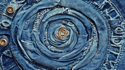 Poster - Spiral arrangement of blue denim fabric showcasing intricate texture and rustic details for fashion and design backgrounds.