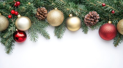 Poster - Christmas tree branches adorned with festive ornaments and pinecones arranged elegantly on a white background for a vintage holiday feel