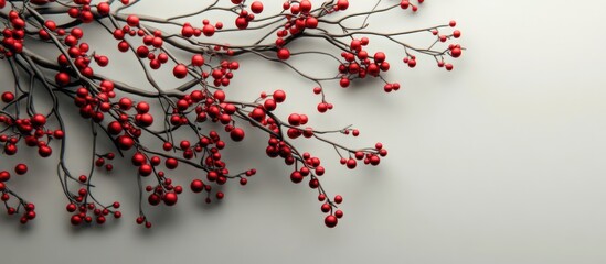 Poster - Festive holiday red decorations and branches creating a warm seasonal ambiance on a neutral background for Christmas celebrations