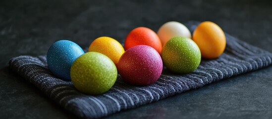 Aufkleber - Colorful Easter eggs arranged on a dark striped kitchen towel showcasing vibrant hues and festive spirit in a cozy setting