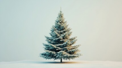 Poster - Snow-covered Christmas tree in a serene winter landscape with a soft pastel background. Perfect for holiday-themed designs and promotions.