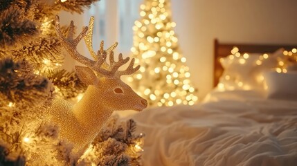 Aufkleber - Luminous Christmas deer decoration under the tree with festive lights creating a cozy holiday atmosphere in a beautifully styled room