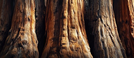 Leinwandbilder - Close up of majestic giant sequoia trunks showcasing intricate bark textures in a serene forest setting.