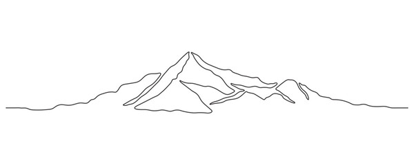 Mountain - continuous line drawing. One line mountain range landscape background. Rocky peaks in simple linear style. Black and white minimalist mountain illustration