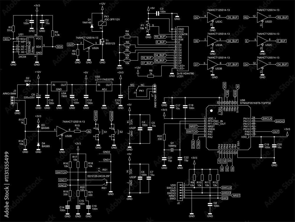 Schematic diagram of digital electronic device on paper sheet. Vector